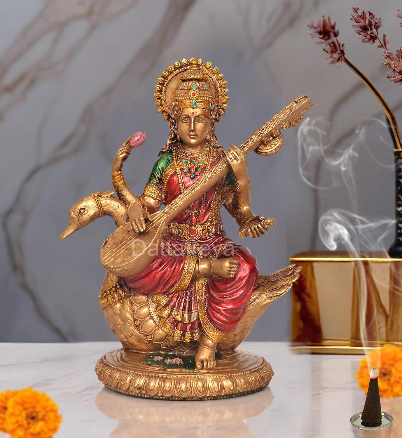 Resin Saraswati Idol Statue for Home Decor On Swan for Home Decor Diwali Temple Mandir Pooja | Height : 8.5 Inch