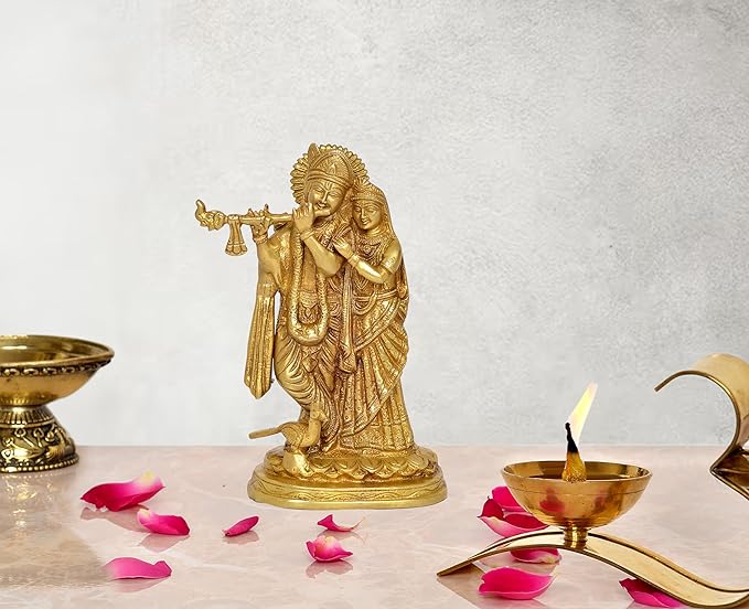 Radha Krishna brass statue, standing figures with detailed jewelry and crowns