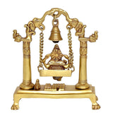 Brass Ganesha swing idol with bell, chains, and pedestal base view