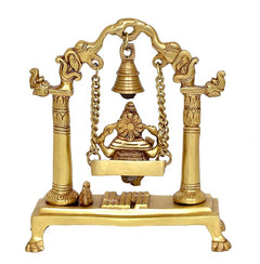 Brass Ganesha swing idol with bell, chains, and pedestal base view