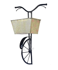 Black bicycle-style wall rack with cream mesh basket and round front wheel