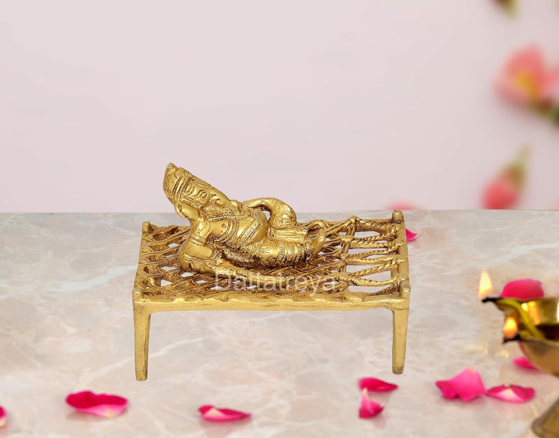 Brass Lord Ganesha on Charpai (Ganesh on cot) for Home Decor Temple Pooja (Height 3.5 Inch)