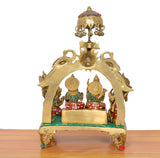Brass Ram Darbar murti rear view, arched chhatra with seated figures on singhasan