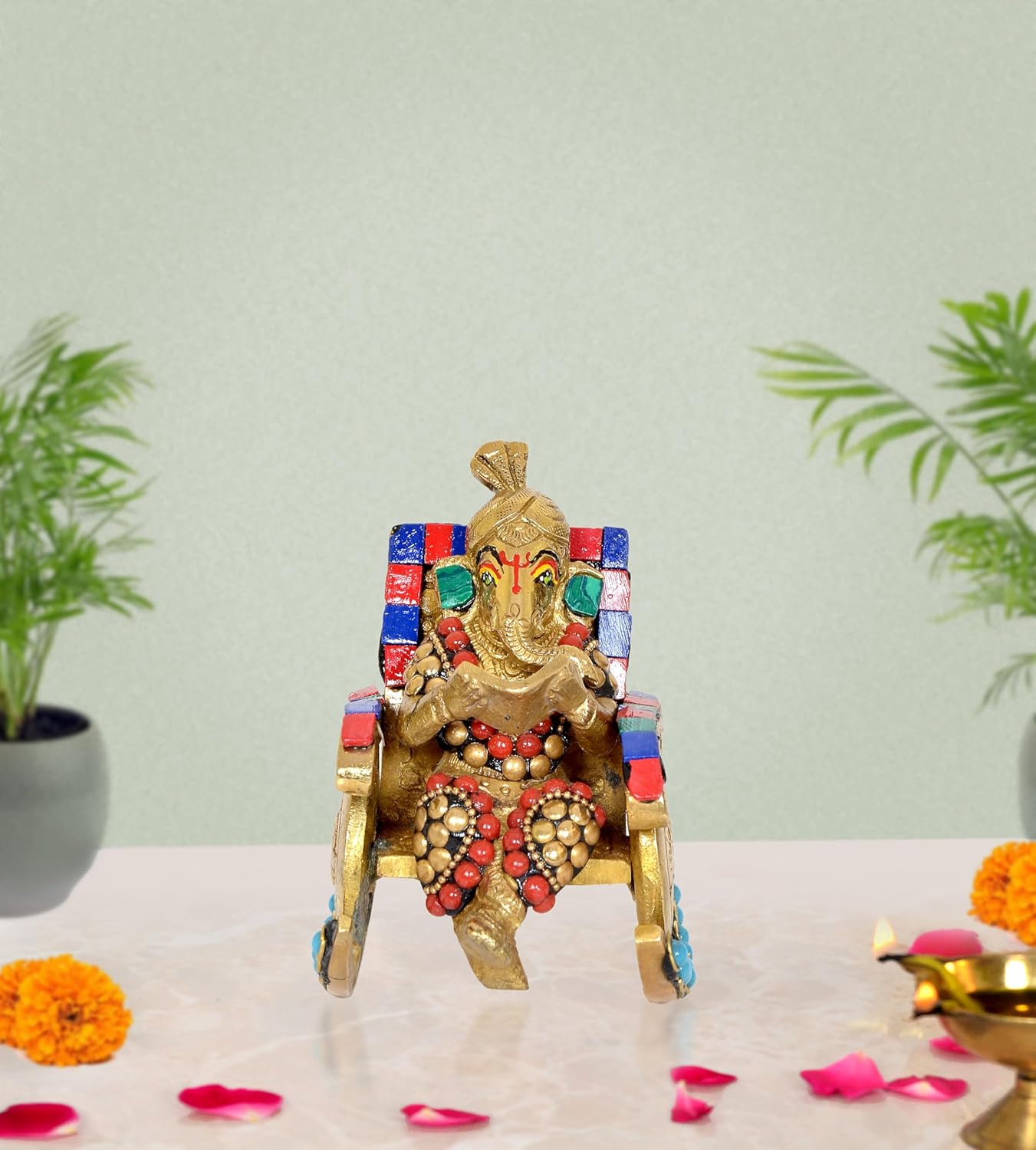 Brass Ganesha Statue Book Reading Turbaned Ganesh Sitting on Chair Sculpture for Home DecorMulticolor (Height 5 inch) (Multicolor)