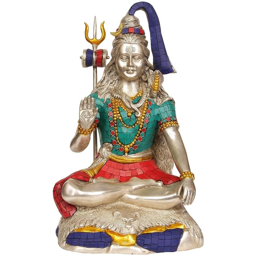 Brass Lord Shiva idol with trident, seated in meditation, turquoise and red detailing