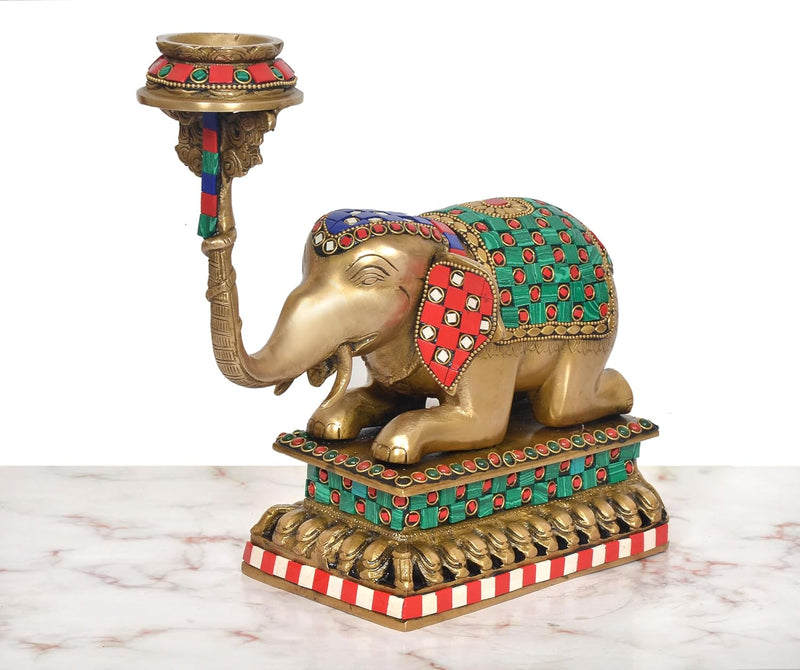 Brass Elephant Candle Stand Lamp Diya (Height: 10 inch)
