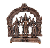 Copper Vishnu Shridevi and Bhudevi idol with detailed arch and three deity figures on stand
