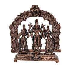 Copper Vishnu Shridevi and Bhudevi idol with detailed arch and three deity figures on stand