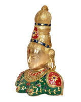 Brass Parvati bust statue side view, green robe with red and gold ornamental details