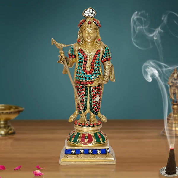 Brass Standing Lord Palani Raja Alangaram Murugan Kartikeya Murti for Home Decor Pooja Mandir Decorative Showpiece Brass Murti (Height 12 Inch) (Multicolor)