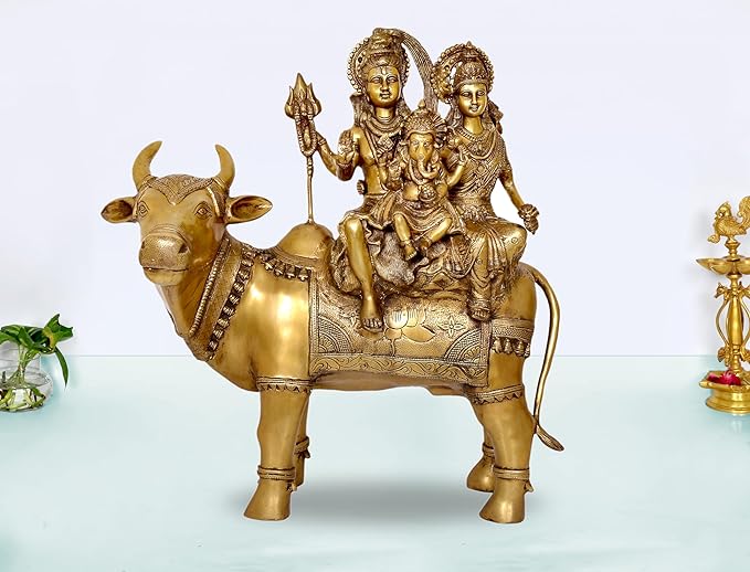 Brass Shiva family idol seated on Nandi with trident, decorative home decor