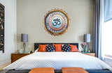 Round wrought iron OM wall hanging with LED glow, blue center and gold border