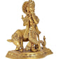 Brass Lord Krishna with Cow Idol Figurine Sculpture Playing Flute Statue Decorative Showpiece, (Height 9 Inch)