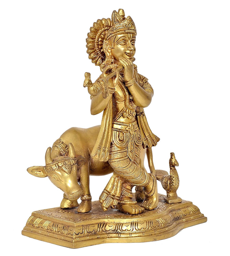 Brass Lord Krishna with Cow Idol Figurine Sculpture Playing Flute Statue Decorative Showpiece, (Height 9 Inch)