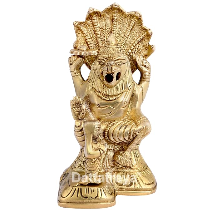 Brass idol of Narasimha & Prahalad, open-mouthed deity with raised arms