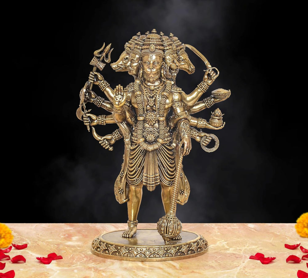 Superfine Brass Standing Panchmukhi Hanuman Figurine Ten Armed (Height :10 Inches)