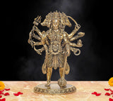 Bronze panchmukhi Hanuman standing ten-armed figurine with ornate crown and jewelry