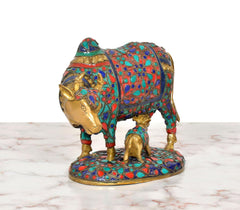 Kamdhenu cow showpiece with calf, angled view, detailed multicolor bodywork