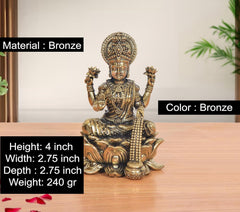 Bronze seated Lakshmi idol, 4-inch height, beaded jewelry and lotus base finish