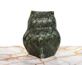 Brass owl tabletop decor back view, embossed feather texture and rounded base