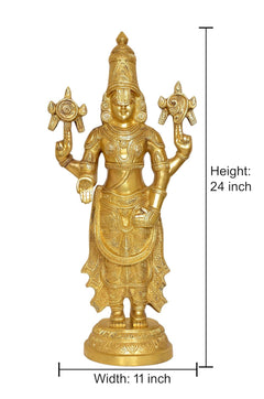 Brass Balaji idol statue front view, height 24 in, width 11 in, ornate robe, base