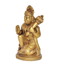 Brass Hanuman JI statue idol from side view, seated pose with raised arms, 6 inch