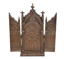 Bronze resin church gate statue with ornate crest, closed doors, and cross on top.