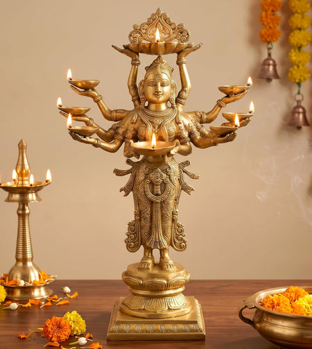 Brass Standing Ten-Armed Deepalakshmi Statue | Traditional Multi-Lamp Goddess Idol for Puja, Home Temple, Diwali Gifts & Home Décor (Height: 28 Inches)