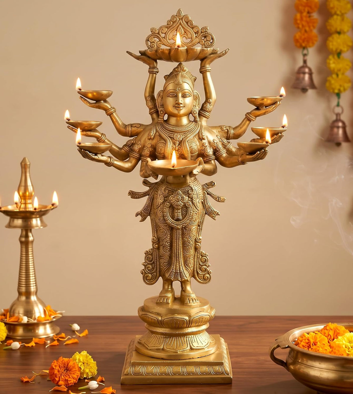Brass Standing Ten-Armed Deepalakshmi Statue | Traditional Multi-Lamp Goddess Idol for Puja, Home Temple, Diwali Gifts & Home Décor (Height: 28 Inches)