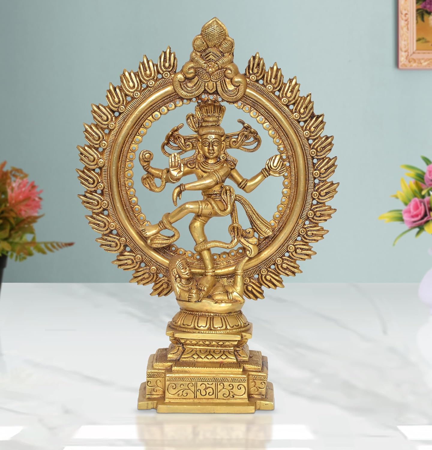 Brass Natraj Lord Shiva Dancing Natraj Brass Idol Statues for Home Decor and Ofice Multicolor (Height: 15.5 inch) (Golden and Green)