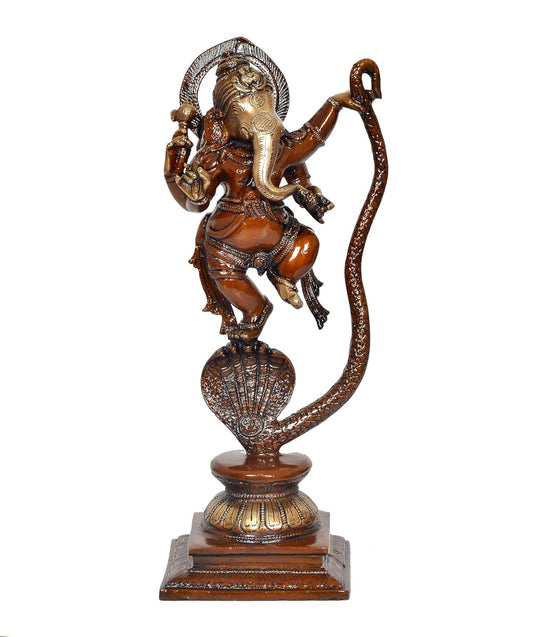 Brass Lord Ganesha Dancing on Serpent Shesha - Hindu Deity Idol for Puja and Gifts (Height 11.5 Inch)