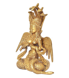 Brass Naga Kanya statue, side view showing serene face, wing details, and coiled serpent body