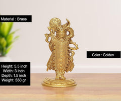 AONA Shreenathji brass statue, golden color, detailed standing figure on round base