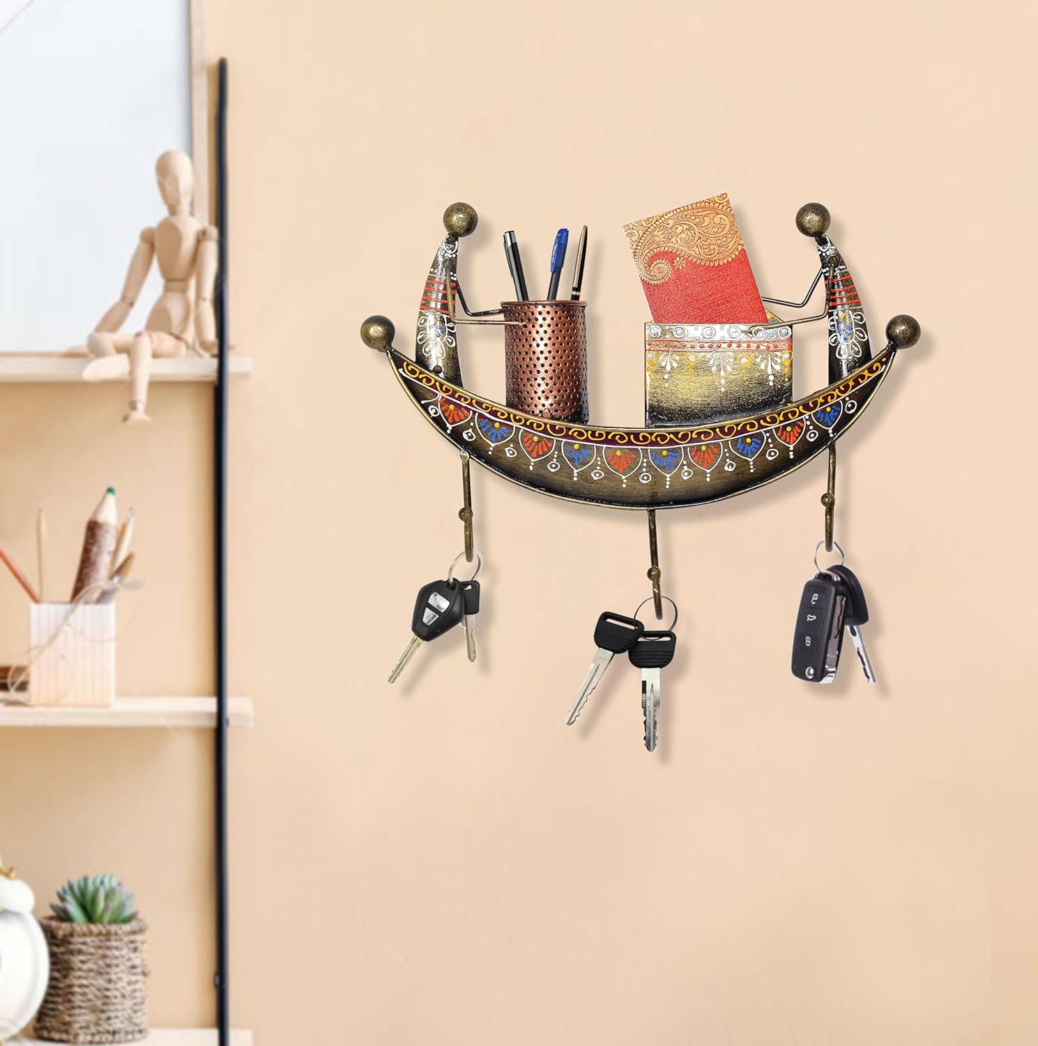 Iron Boat Multicolour Iron Key Holder and Pen Stand Wall Hanging for Home Decor (Height 9 Inch)