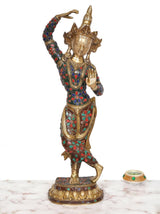 Full view Dancing Tara Devi brass statue with multicolor enamel and ornate base