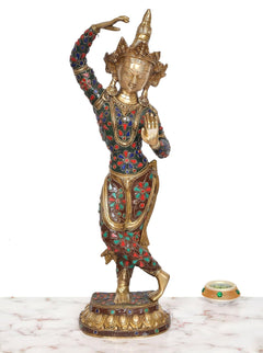Full view Dancing Tara Devi brass statue with multicolor enamel and ornate base