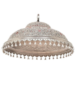 Silver carved metal chattar with red accents and hanging bead fringe, 7 inch