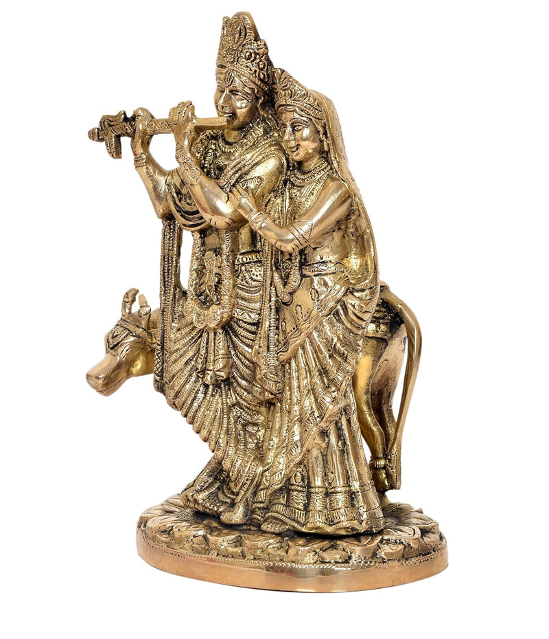 Brass Radha Krishna with Cow Idol Statue for Home Decor and Pooja Mandir Office Decor (Height 9.5 Inch)