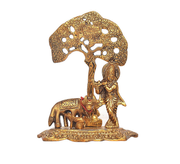 Metal Lord Krishna with Cow Idol Figurine Sculpture Playing Flute Statue Decorative Showpiece, (Height 6 Inch)