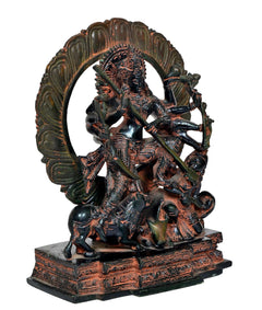 Brass Durga Maa idol with long trident, multi-armed detailing, ornate base plate