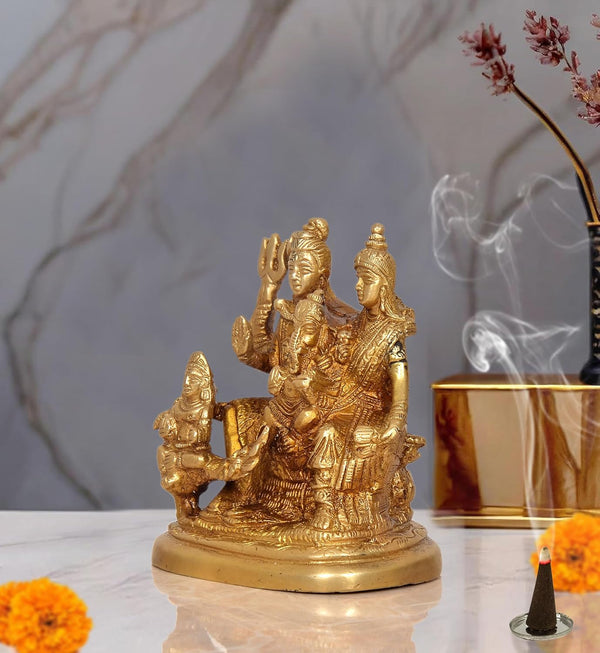 Brass Shiv Parivar Shiva Family Idol Family for Home Decor Mandir Pooja Showpiece Statue (Height 5 Inch) Study Setting