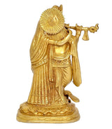 Radha Krishna brass statue, back view with fan-like halo and raised flute hand