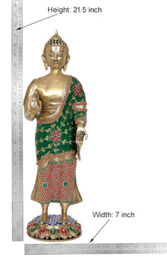 Brass Buddha statue shown with ruler: height 21.5 in, green robe with red trim