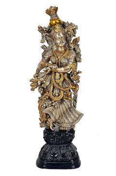 Brass Radha Rani idol, 29 inch height, seated figure with ornate jewelry and crown