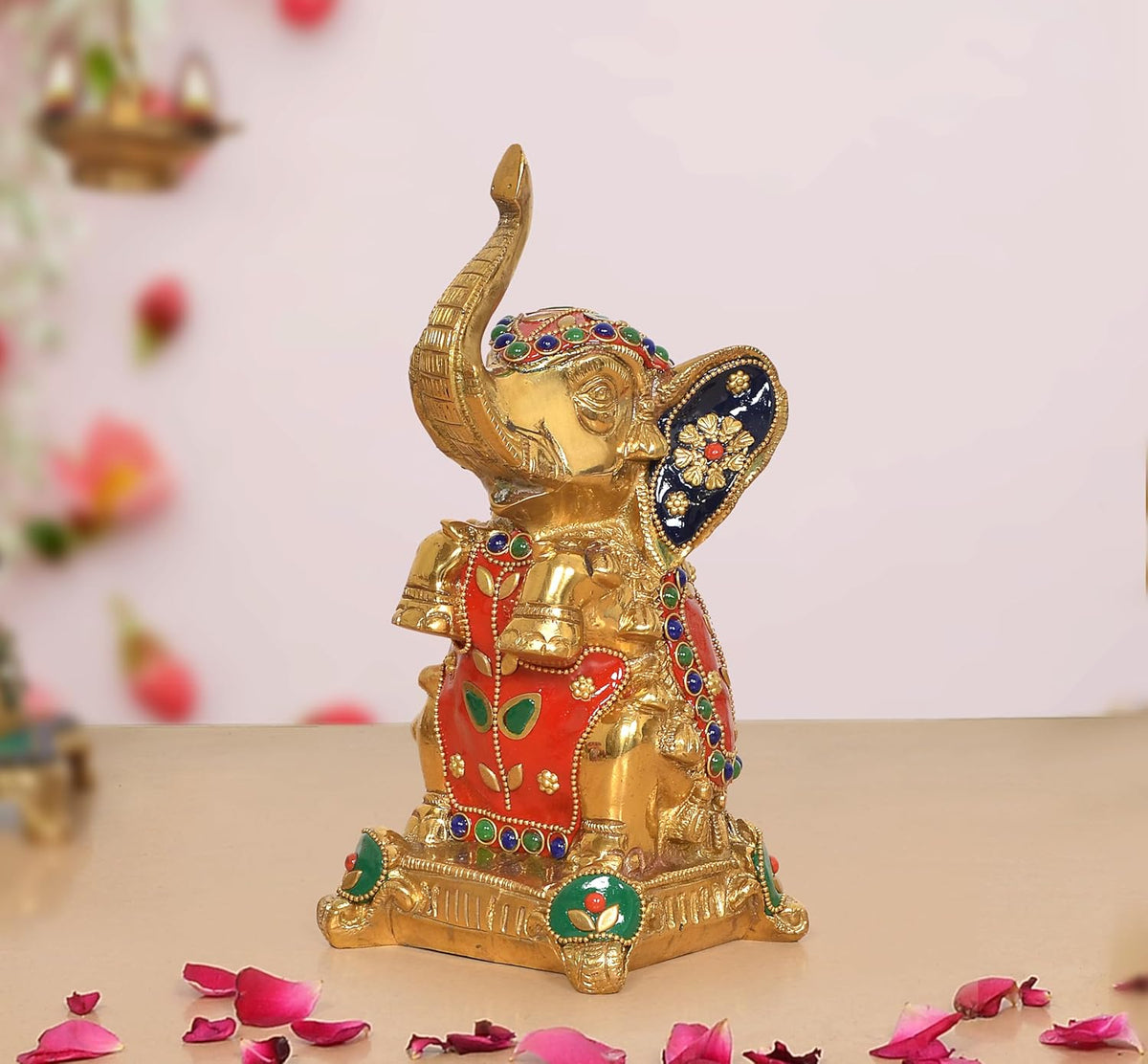 Brass Elephant figurine with raised trunk, multicolor jeweled face, 8.5 in tall