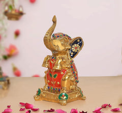 Brass Elephant figurine with raised trunk, multicolor jeweled face, 8.5 in tall