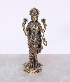 7-inch Lakshmi Laxmi brass standing idol, front view with crown and ornate ornaments