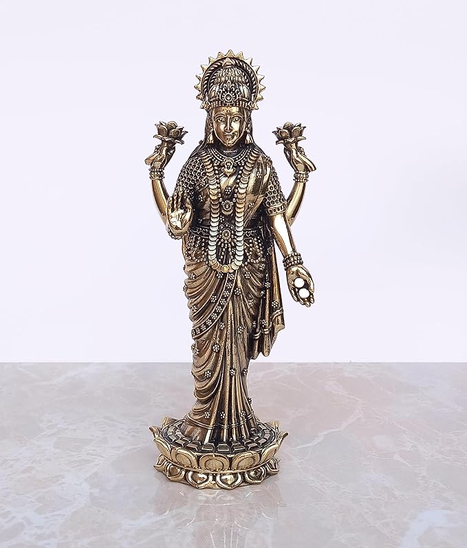 Fine Brass Lakshmi Laxmi Statue Standing Idol Murti for Home Temple Office Mandir, (Height: 4 Inch) Craft Detail