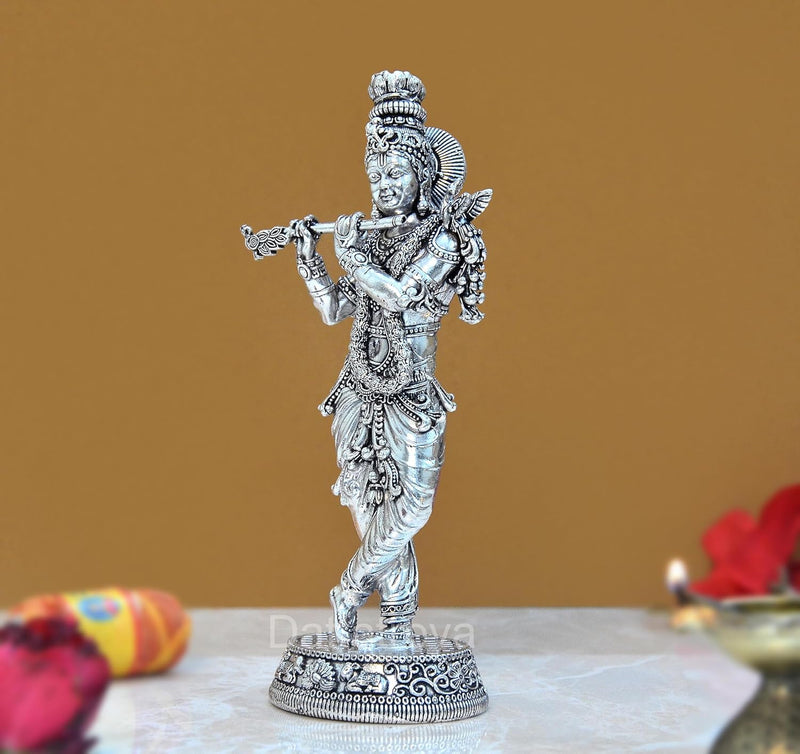 Bronze Lord Krishna Idol Figurine Sculpture Playing Flute Statue, for Home Decor Mandir Pooja Decorative Showpiece, (Height 6.5 Inch)