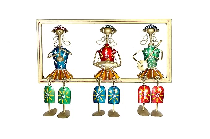 Set of 3 marwari musician dolls in a gold frame wall hanging, height 7 in